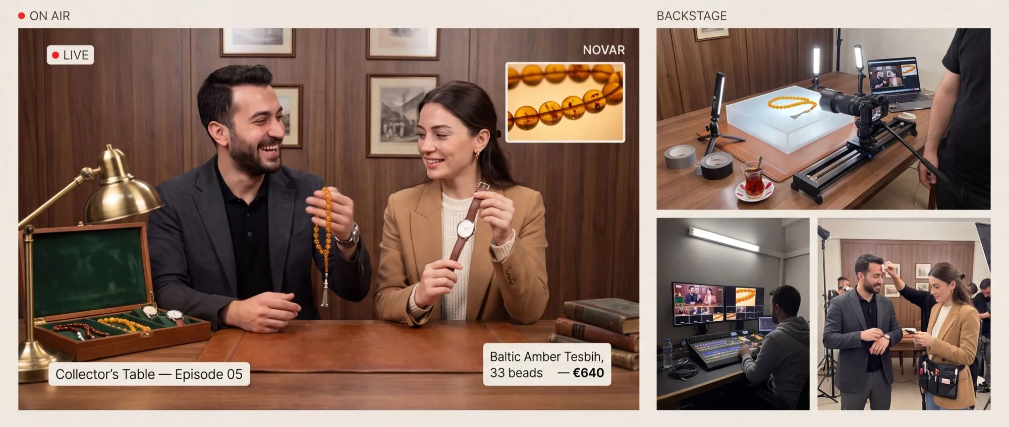 Novar Collector's Table canlı yayını: iki koleksiyoncu kehribar tesbih ve saat gösteriyor, köşede kehribarın makro yakın planı ve fiyat kartı; sağda ışık kutusunda makro çekim, kompakt reji ve set hazırlığı